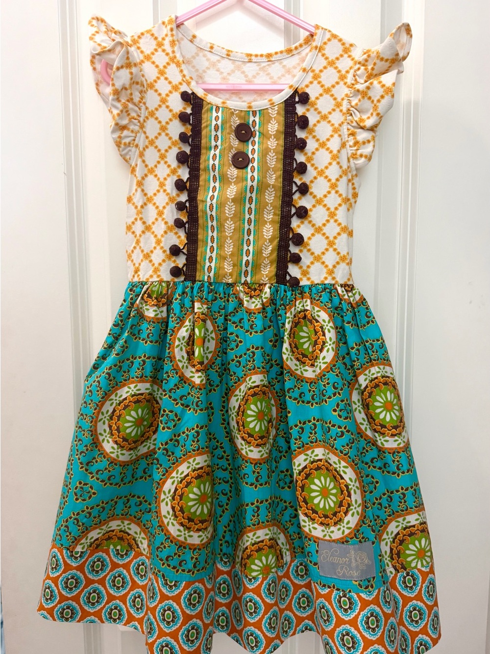 Eleanor Rose Girls Turquoise, Mustard and brown Floral Print Dress
